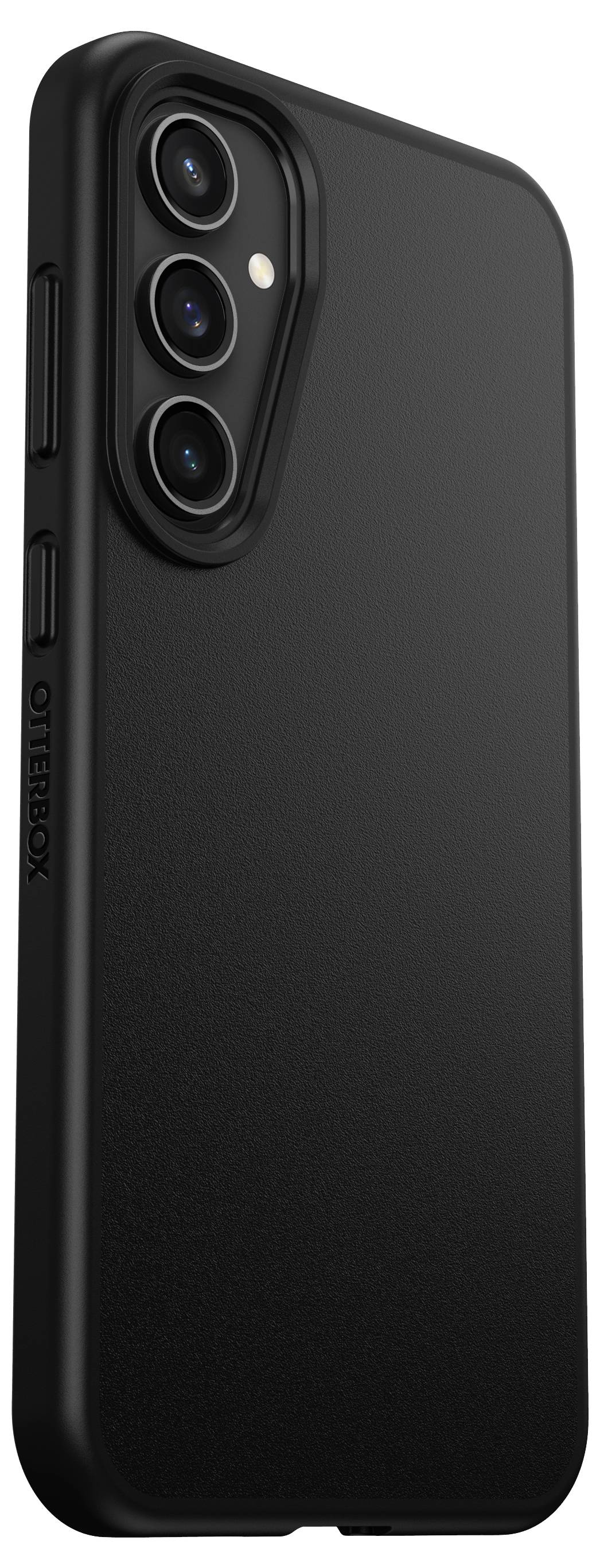 Een zwarte smartphone met drievoudige achtercamera en een robuuste beschermhoes. Model van het merk Otterbox.