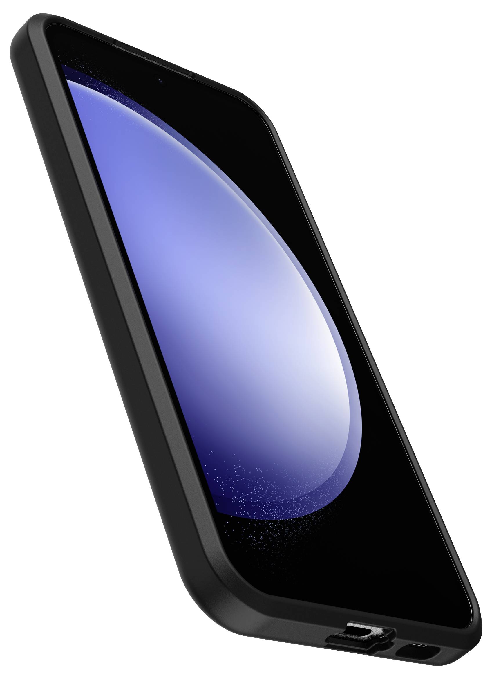 Smartphone met zwarte behuizing, scherm toont blauwe halve cirkel. Gezien vanuit een schuine onderhoek links, met de nadruk op ontwerp en display.