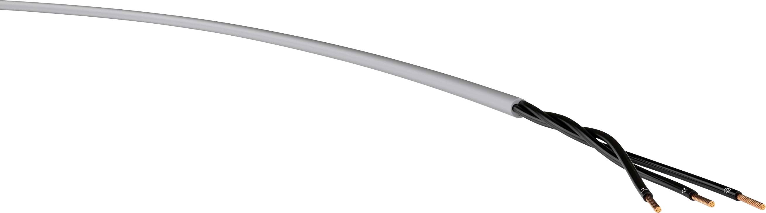 Een gedraaide kabel met meerdere blootliggende koperen draden aan één uiteinde.