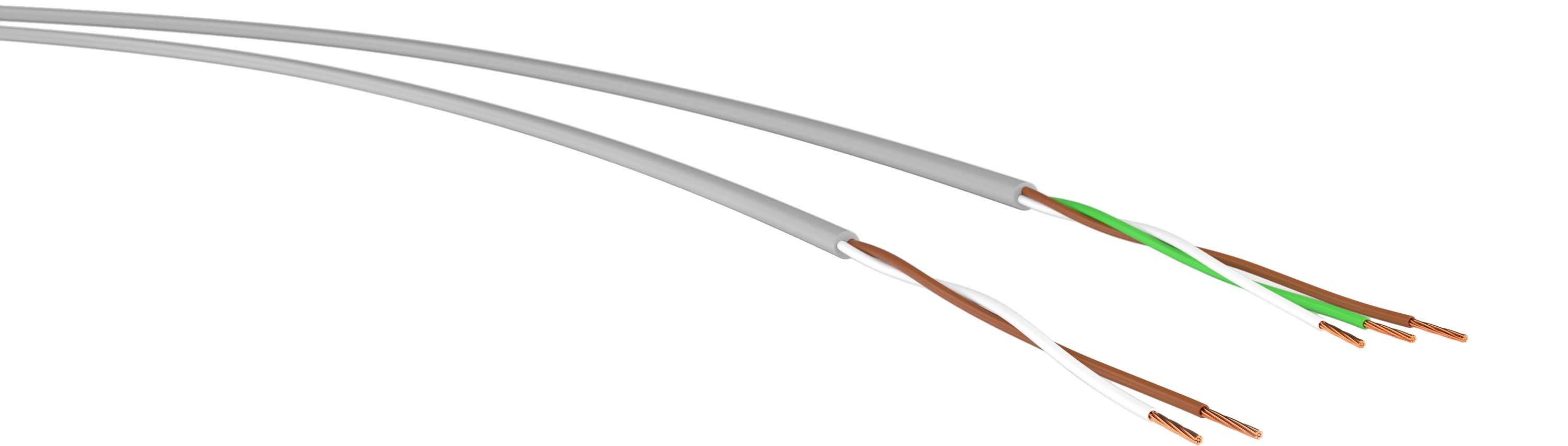 Grijs elektrisch kabel met drie draden: bruin, wit en groen. Geschikt voor elektrische installaties.