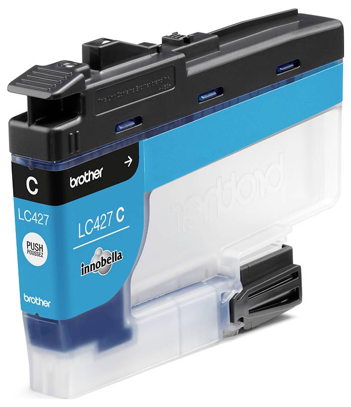 'Cyaan inktcartridge voor Brother printer, model LC427 C, met instructies om te duwen voor installatie.'