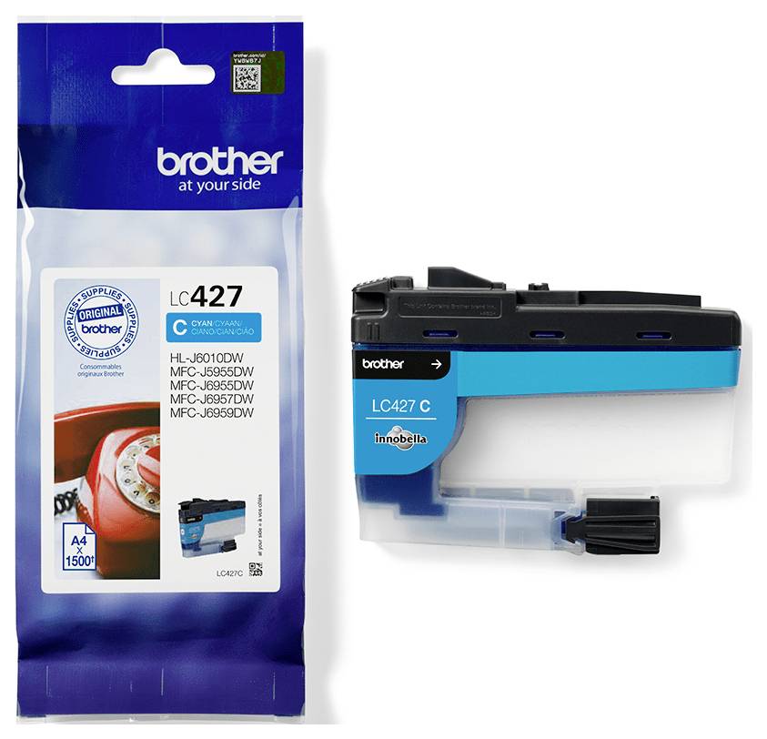 Brother LC427 cyaan inktpatroon naast de patroon zelf. De verpakking vermeldt compatibele Brother printermodellen.