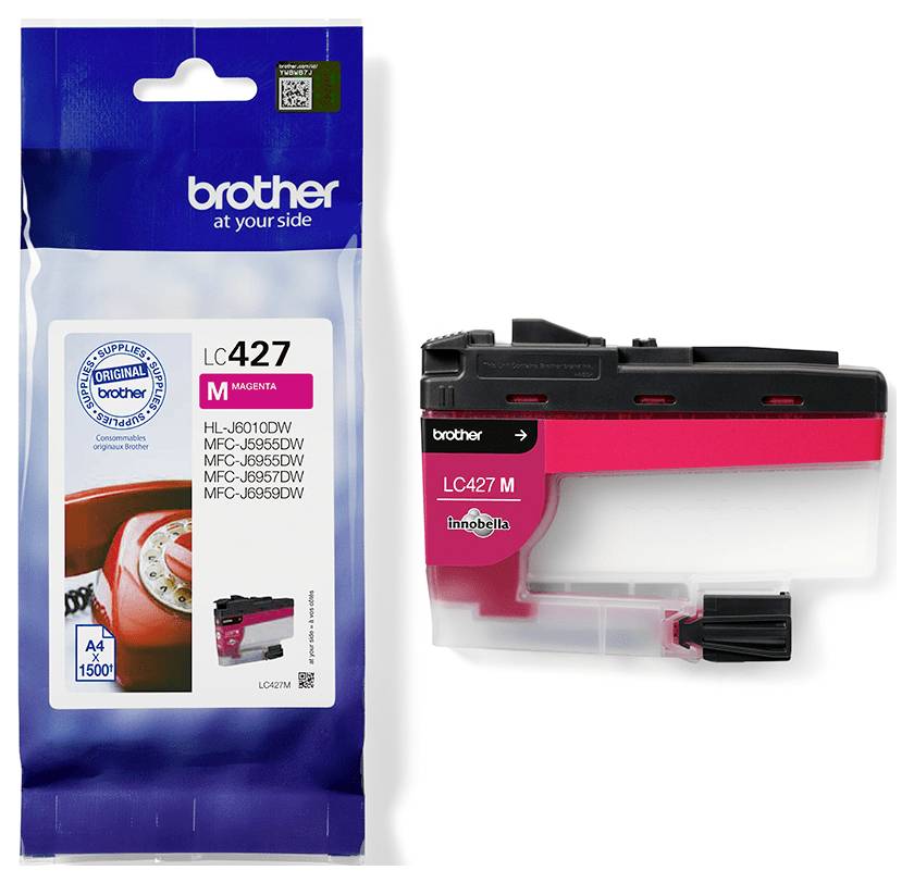 'Brother LC427M' magenta inktcartridge verpakking en cartridge, voor specifieke Brother printers zoals HL-J6010DW, getoond met ISO-opbrengstinformatie.