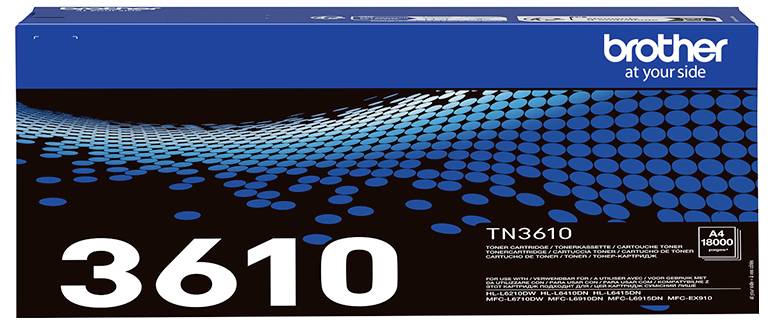 Brother TN3610 tonercartridge doos, met een blauwe vormgeving waarbij '3610' prominent staat weergegeven. Compatibel met A4-formaat, met een capaciteit van 9.000 pagina's.