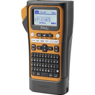 Een draagbaar labelapparaat met toetsenbord en display. Op het display staat 'PT-E310BT GENERAL'. Merklogo onderaan zichtbaar.