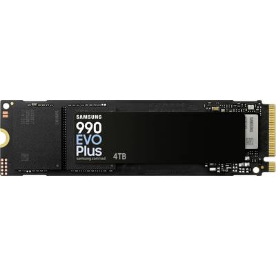 SSD-schijf 'Samsung 990 EVO Plus' met 4 TB opslagcapaciteit, weergegeven in zwarte uitvoering met gouden aansluitingen.