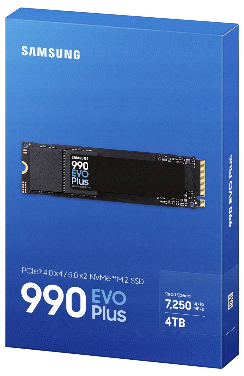 De verpakking van een Samsung 990 EVO Plus NVMe M.2 SSD met 4 TB opslag en een leessnelheid tot 7.250 MB/s.