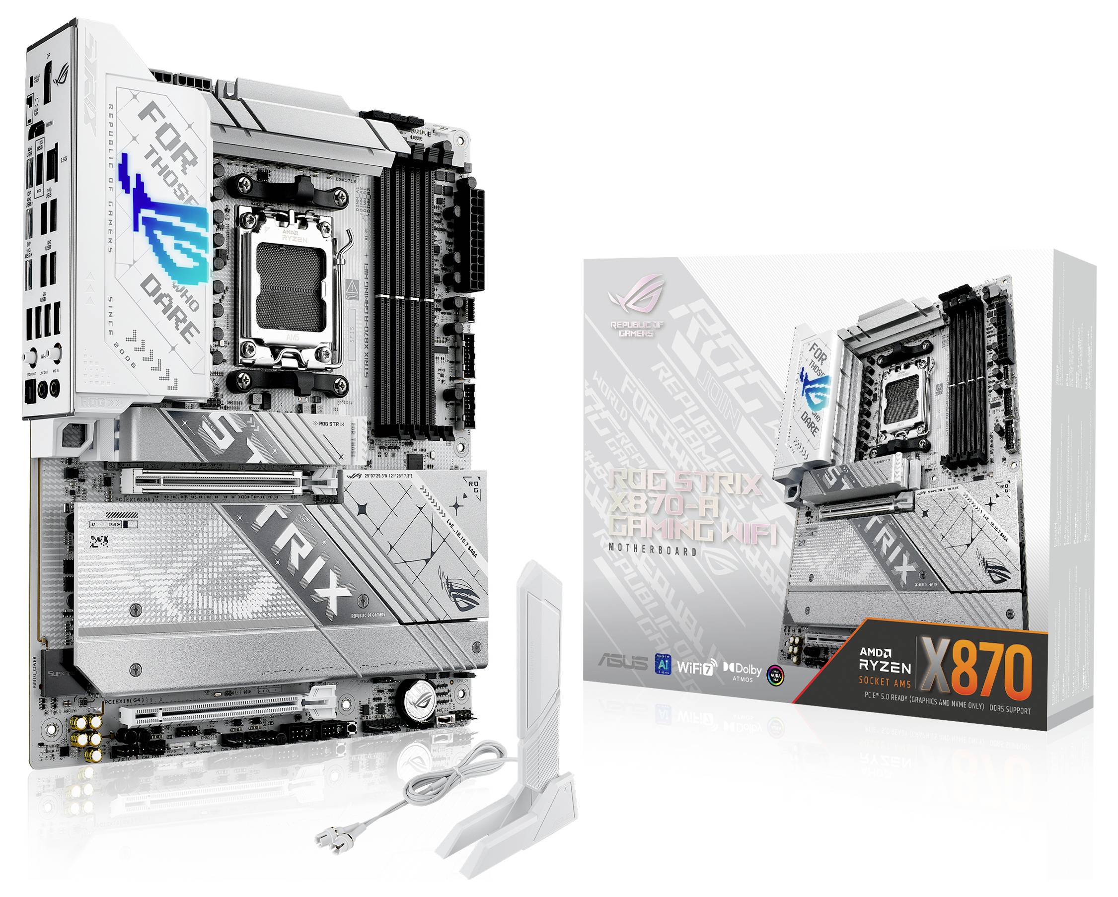 'ASUS ROG Strix Z790-A Gaming WiFi' moederbord met wit-grijze ontwerp, naast de productverpakking met kabels en toebehoren getoond.