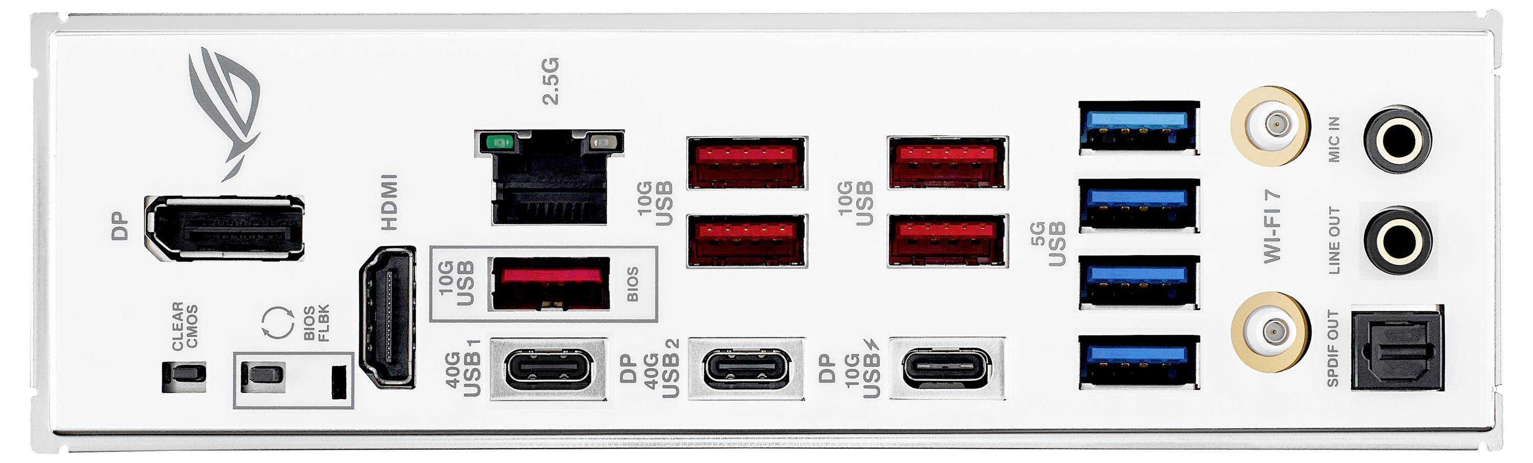 Achterkant van een computer-moederbord met meerdere USB-poorten, een Ethernet-aansluiting, audio-aansluitingen en beeldschermpoorten.