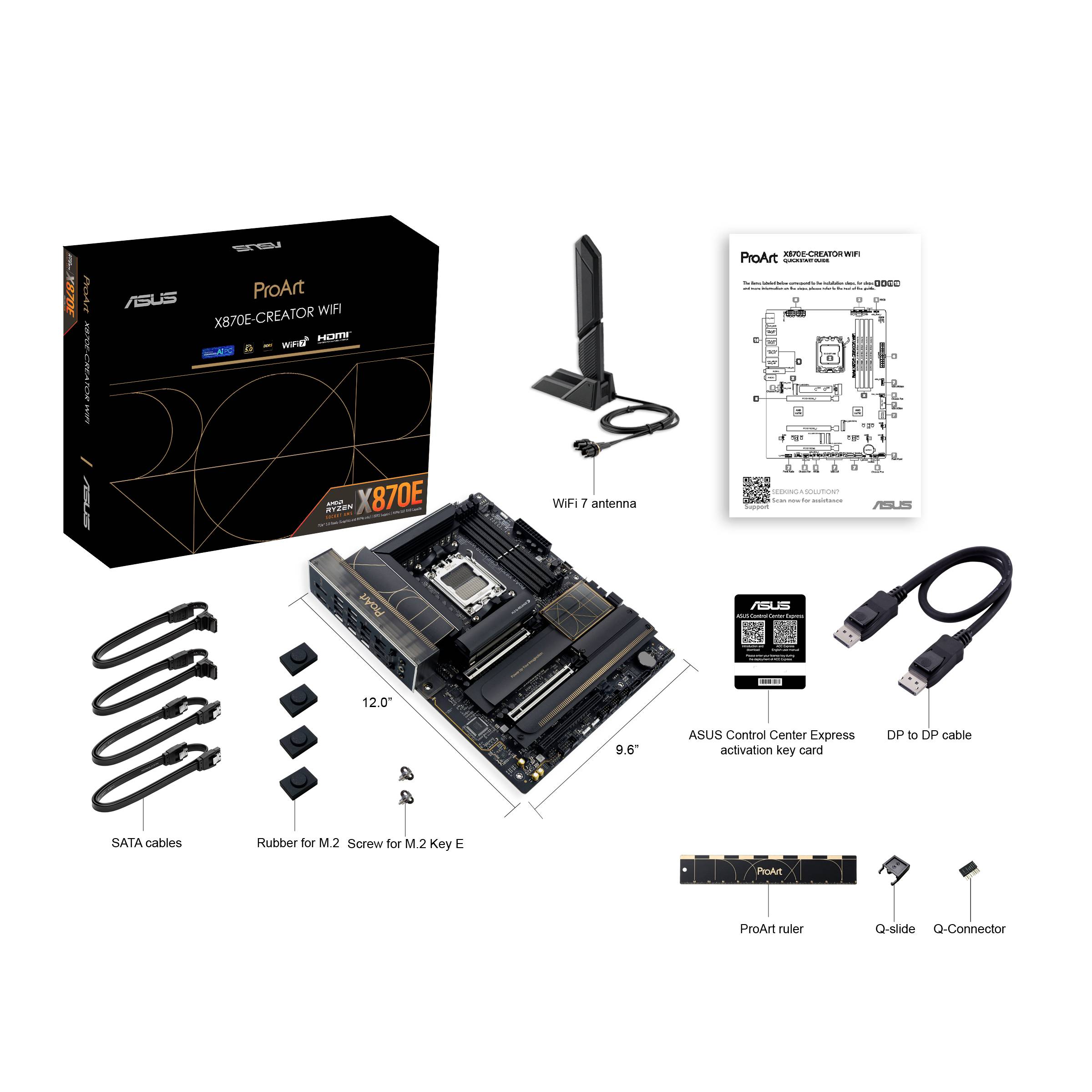 'ASUS ProArt X670E-Creator WiFi' Moederbord met WiFi 7 Antenne, SATA-kabels, DP-kabels en M.2 schroeven. Technisch diagram inbegrepen.
