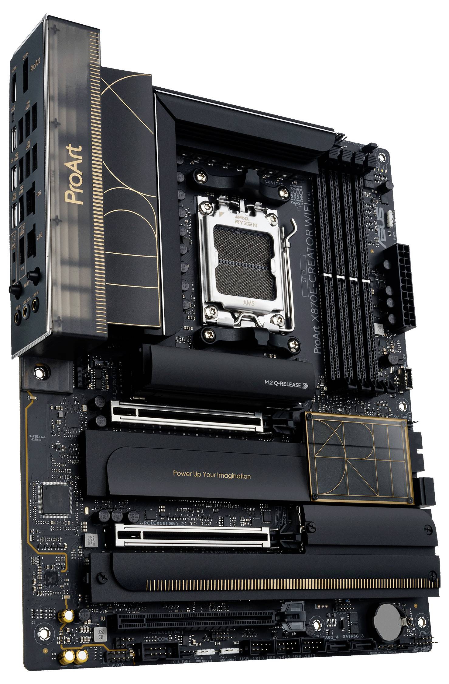 Zwart ProArt-moederbord met gouden accenten. Sleuven voor processor, RAM, videokaarten. Tekst op oppervlak: 'Power Up Your Imagination'.