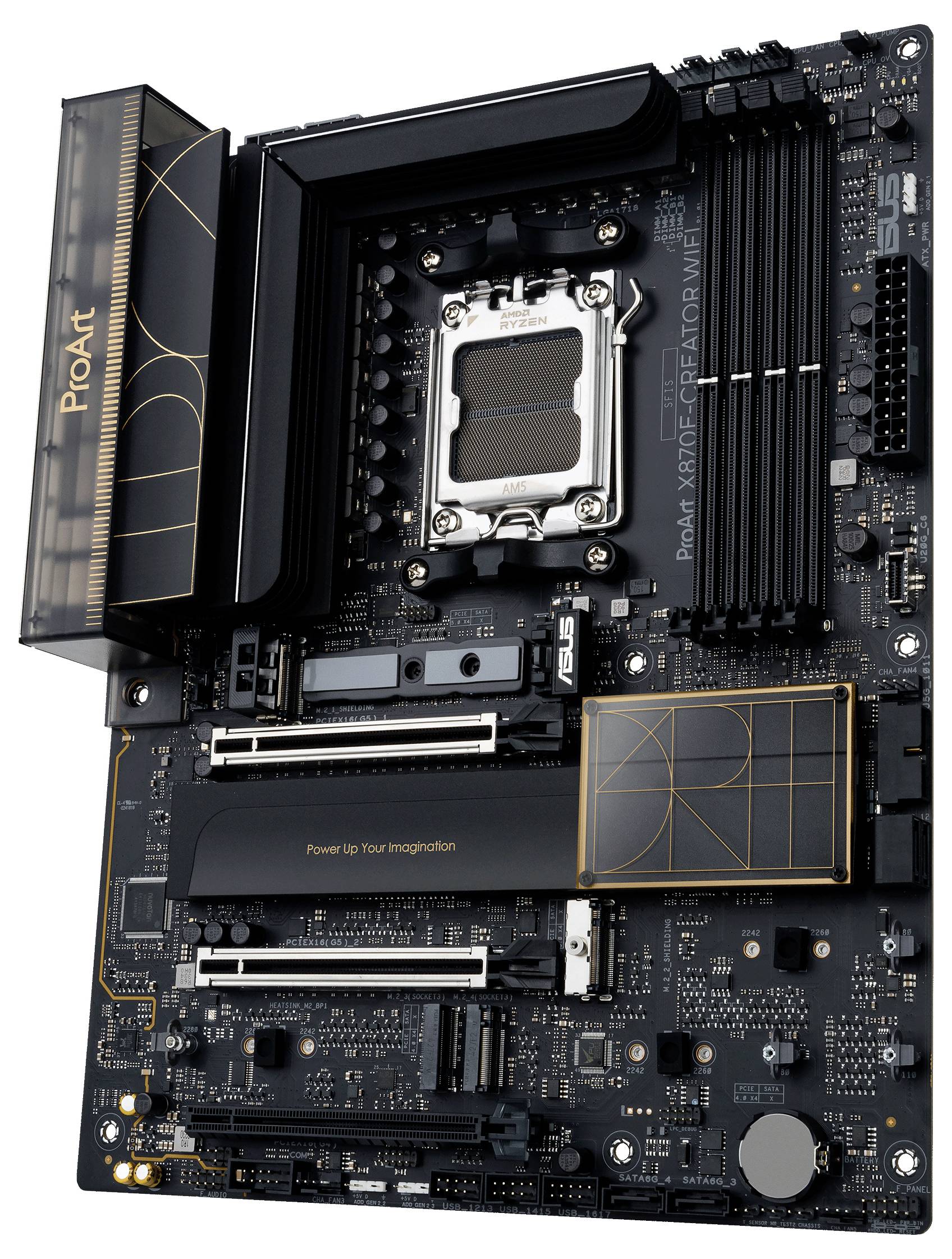 Afbeelding van een computer-moederbord, model ProArt Z690-Creator WiFi, met meerdere RAM-sleuven, CPU-socket en PCIe-aansluitingen.