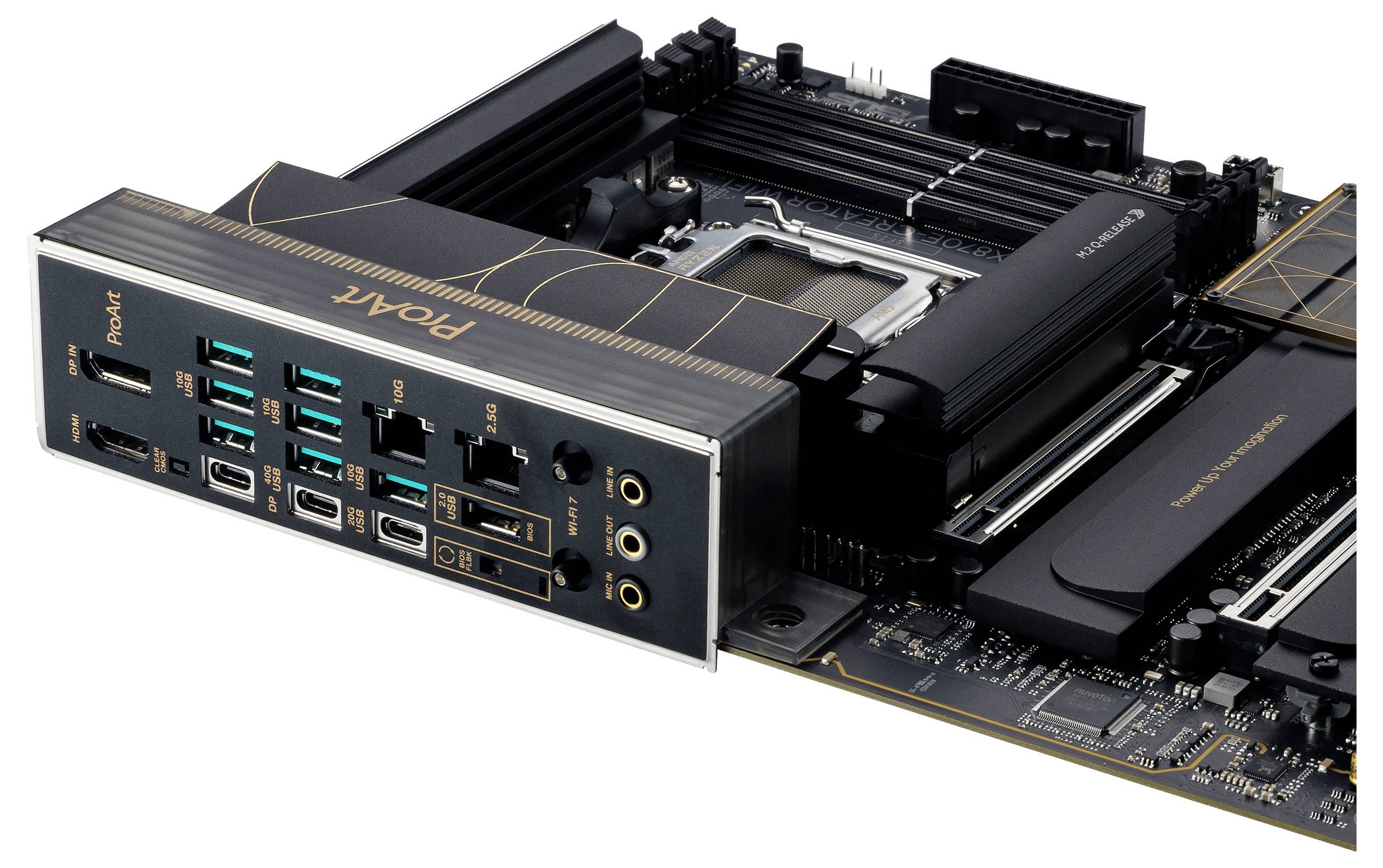 Een computermoederbord met verschillende aansluitingen, waaronder USB-poorten, HDMI en Ethernet. Ook zichtbaar zijn RAM-sleuven en de CPU-socket.