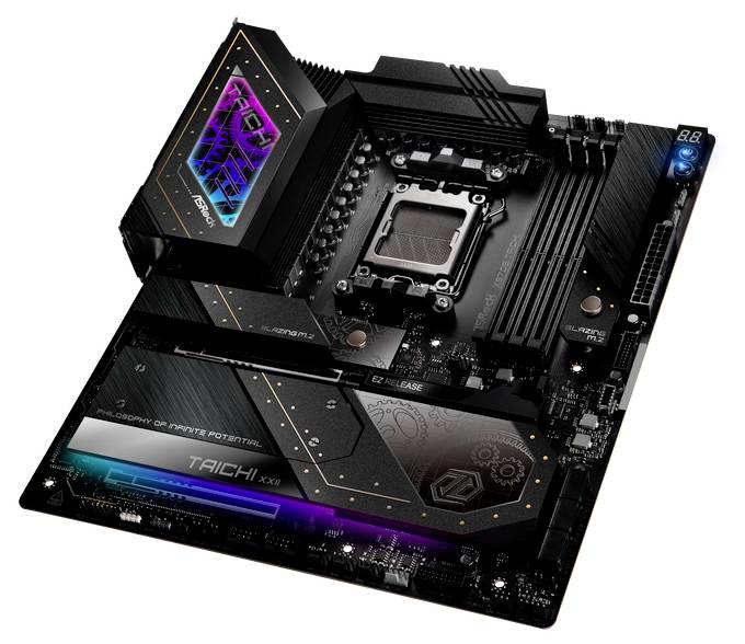 Een zwarte computer-moederbord met gouden accenten, gemarkeerd met 'TAICHI X670'. Het heeft meerdere sleuven en aansluitingen.