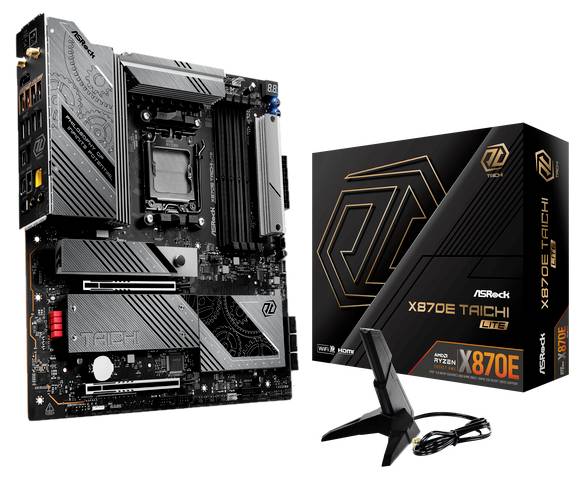 Een ASRock X670E Taichi Lite moederbord met verpakking en antenne. Geschikt voor AM5 processoren, ondersteunt PCIe 5.0 en DDR5 RAM.