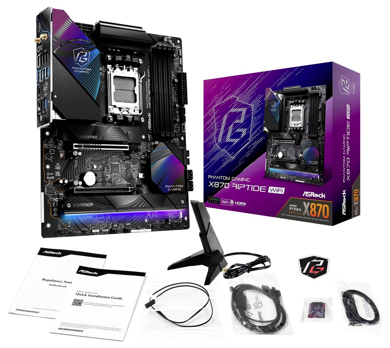 Moederbord ASRock X670E Riptide WiFi met toebehoren en verpakking, toont aansluitingen en ontwerp, geschikt voor AMD Ryzen-processors.