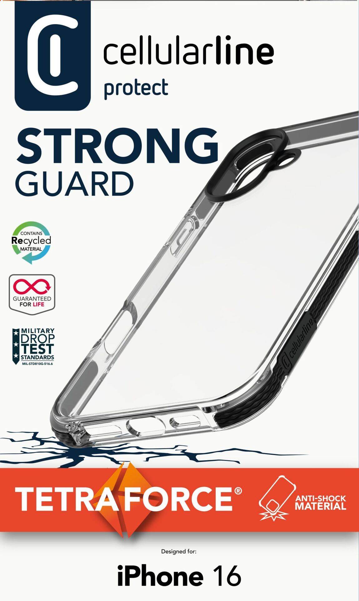 'Cellularline Strong Guard' hoesje van gerecycled materiaal. Beschermt tegen vallen. Ontwikkeld voor iPhone 16.