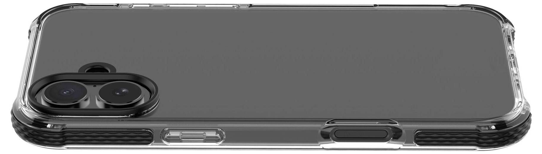 Smartphone in zwarte hoes met twee cameralensen aan de achterkant op witte achtergrond.