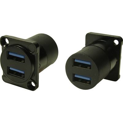 Twee zwarte USB-aansluitingen met blauwe inzetstukken, één met bevestigingsframe.
