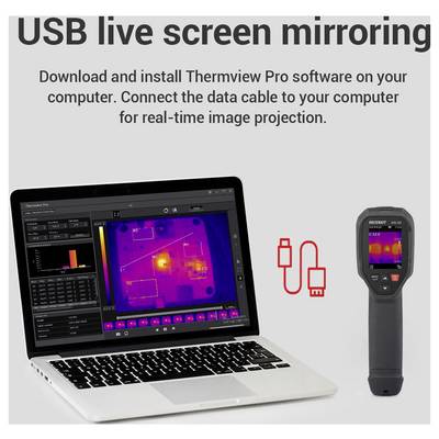 USB live screen mirroring: installeer Thermview Pro en verbind de camera via datakabel om thermische afbeeldingen in real-time op een computer weer te geven.