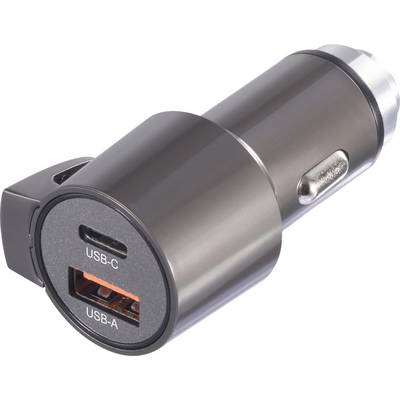 Een autolader met USB-C- en USB-A-aansluitingen, geschikt voor het opladen van elektronische apparaten tijdens het rijden.