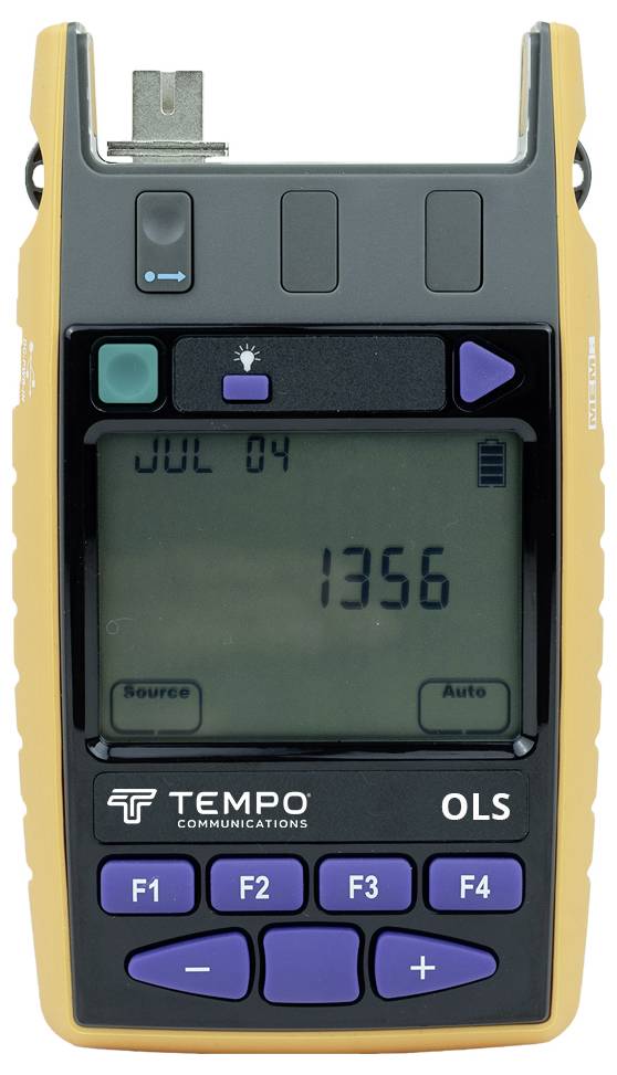 Een optische vermogensmeter met display dat de cijfers '1356' en 'JUL 04' weergeeft. Apparaatknoppen voor gegevenscontrole.