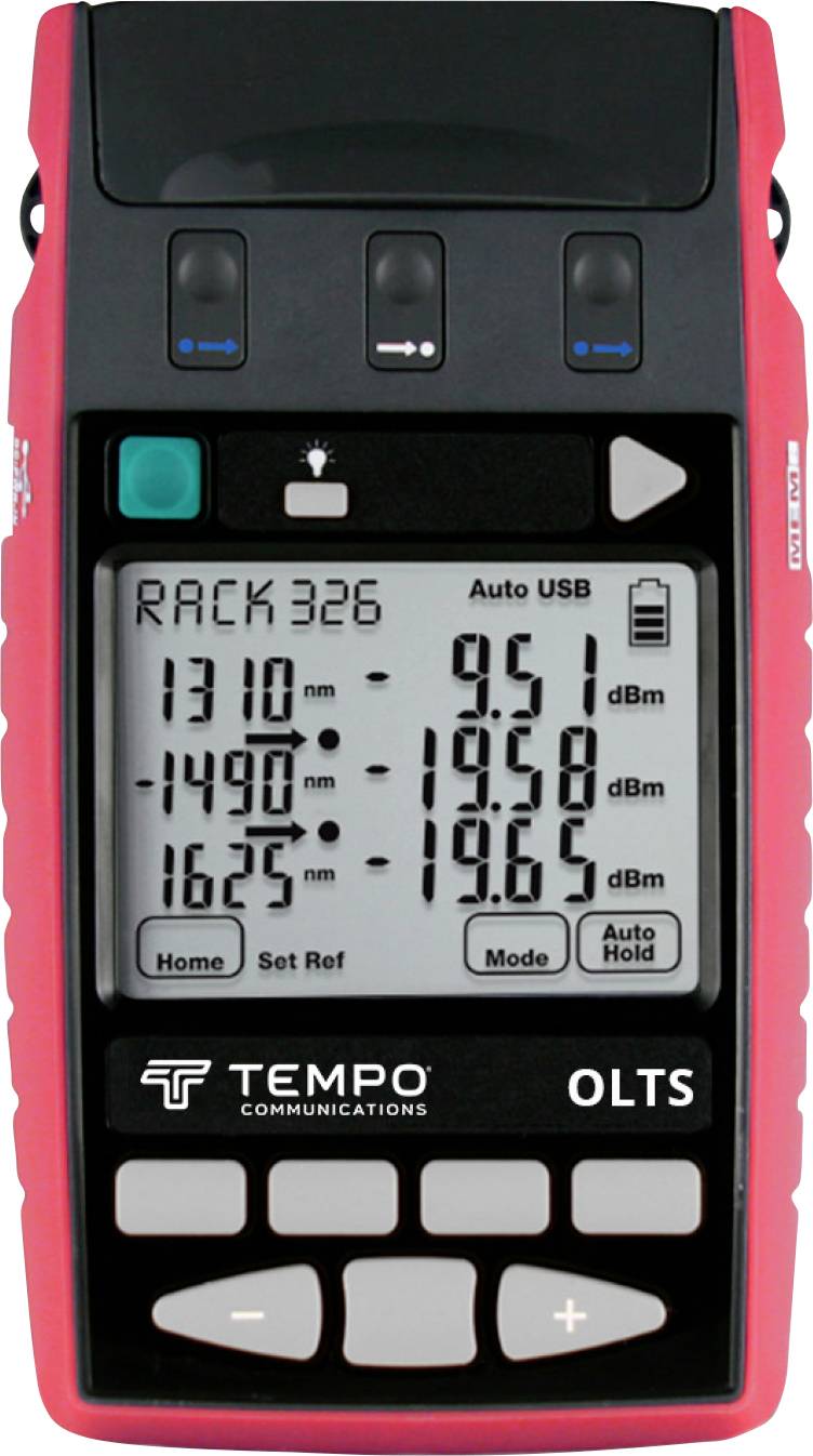 Een rood apparaat met display toont optische vermogenswaarden in dBm. Links zijn meetwaarden te zien voor 1310, 1490 en 1625 nm. Bedieningstoetsen onderaan.
