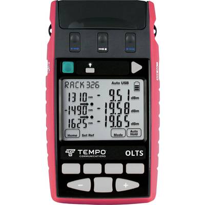 Een rood apparaat met display toont optische vermogenswaarden in dBm. Links zijn meetwaarden te zien voor 1310, 1490 en 1625 nm. Bedieningstoetsen onderaan.
