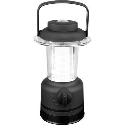 Zwarte LED-campinglantaarn met handvat. Hij straalt helder licht uit en is geschikt voor buitenactiviteiten 's nachts.