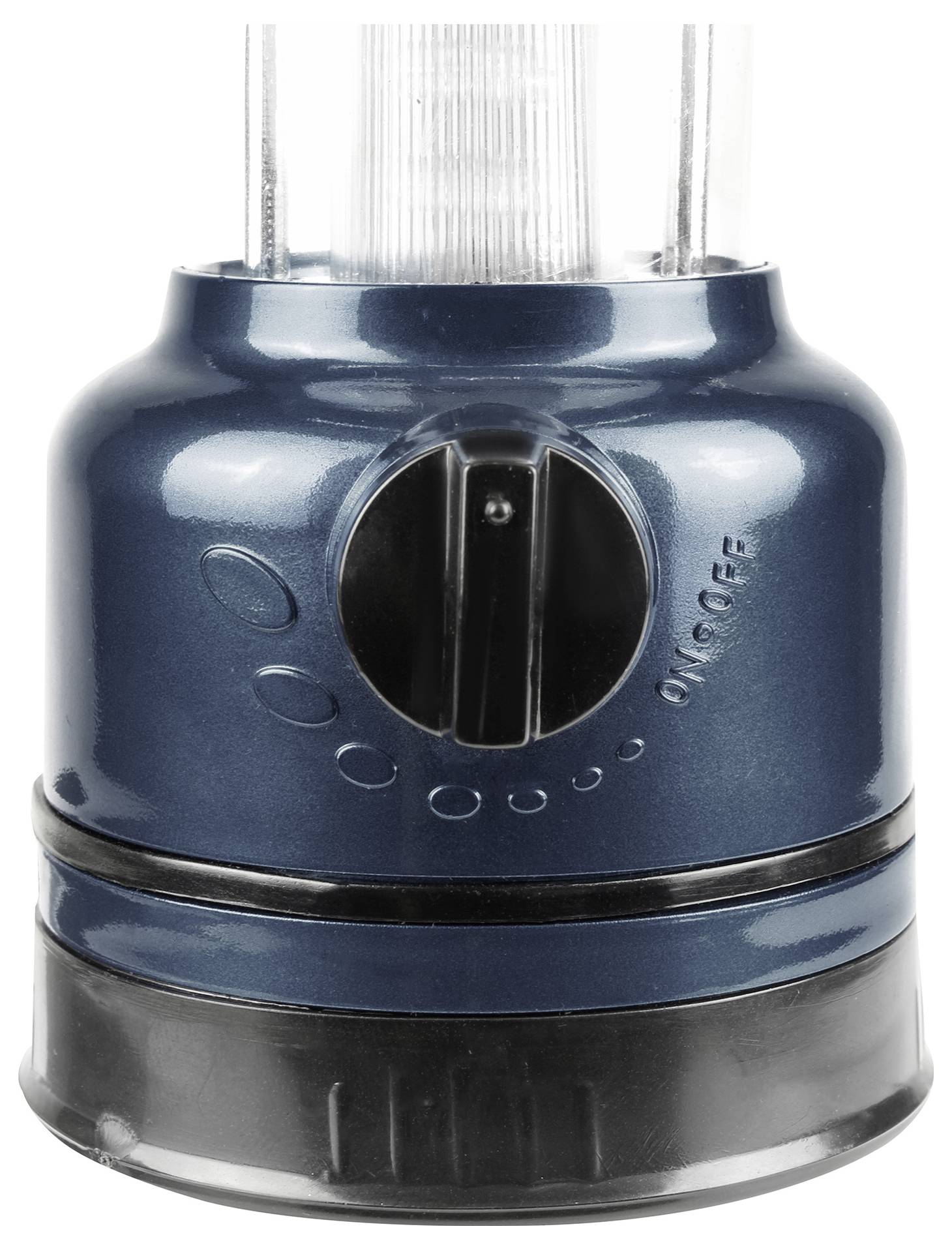 Een blauwe zaklamp met een zwarte draaiknop om in- en uit te schakelen. Het bovenste deel is transparant.