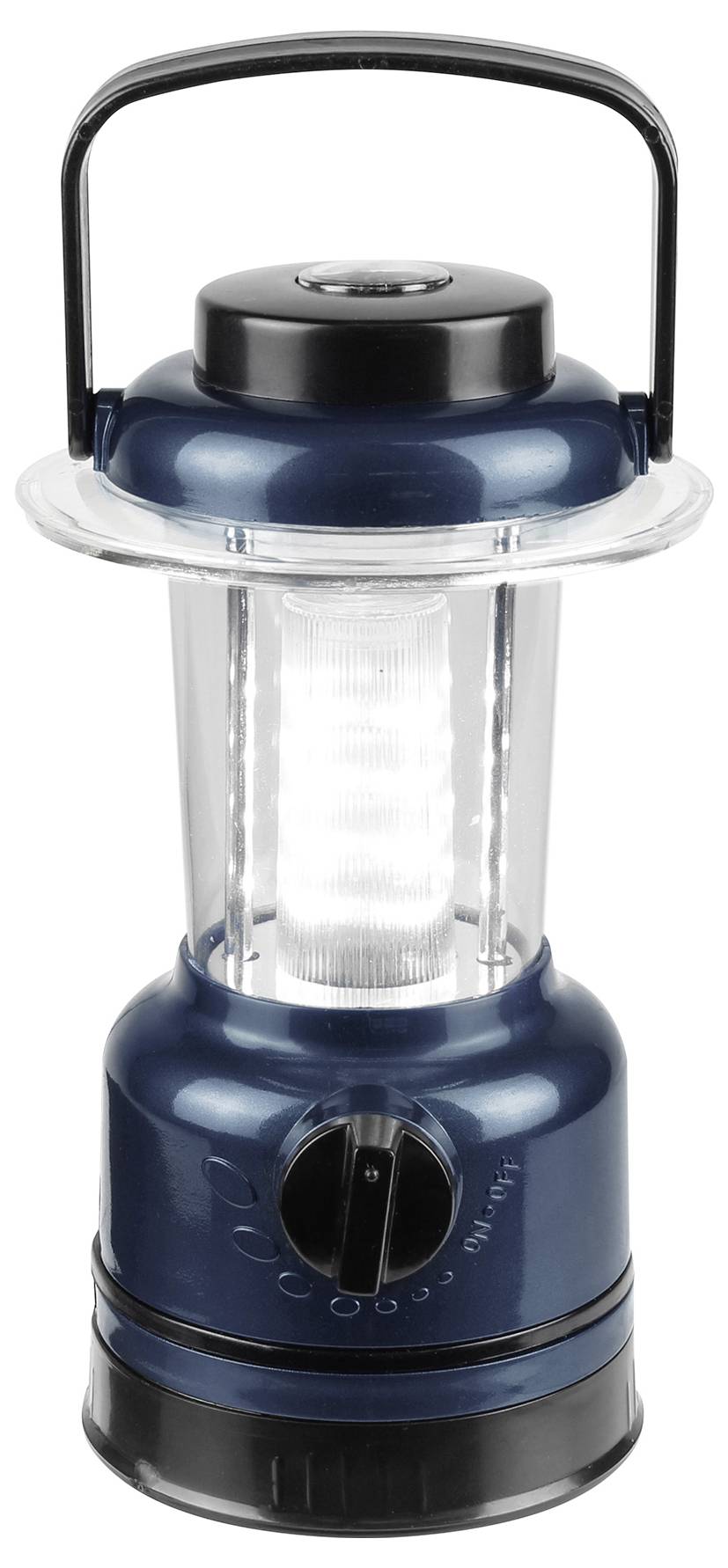 Blauwe LED-campinglantaarn met een draaiknop aan de voorkant. Hij heeft een transparant gedeelte en een zwarte handgreep.