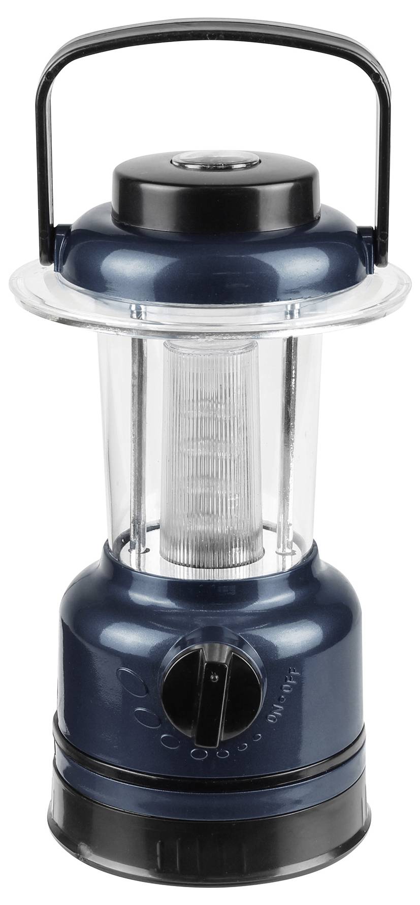 Blauwe campinglantaarn met transparant middendeel, zwarte draaiknop aan de voorkant en zwarte handgreep bovenaan.