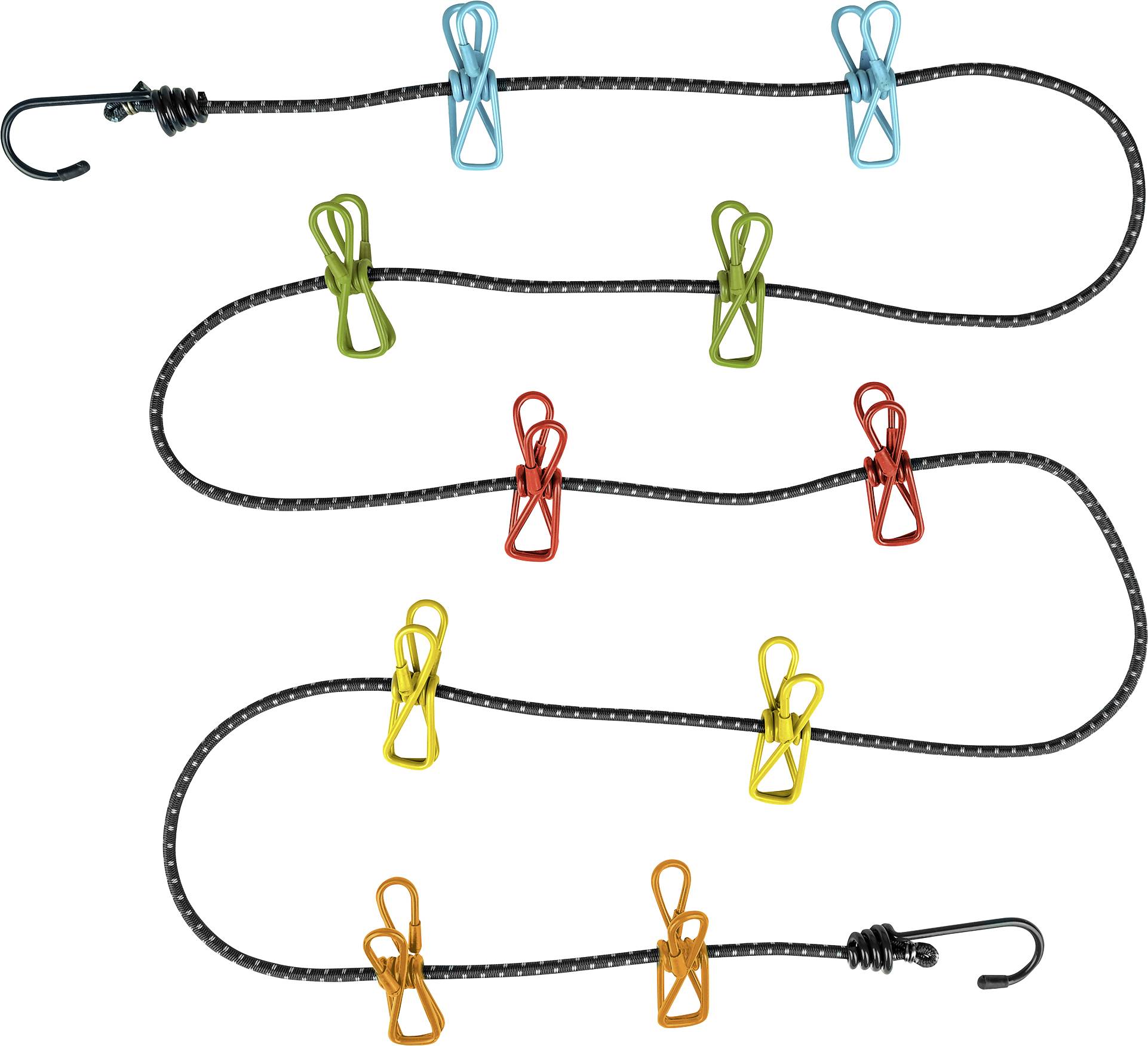 Elastisch touw met meerdere gekleurde clips verspreid. Het heeft haken aan beide uiteinden voor bevestiging.