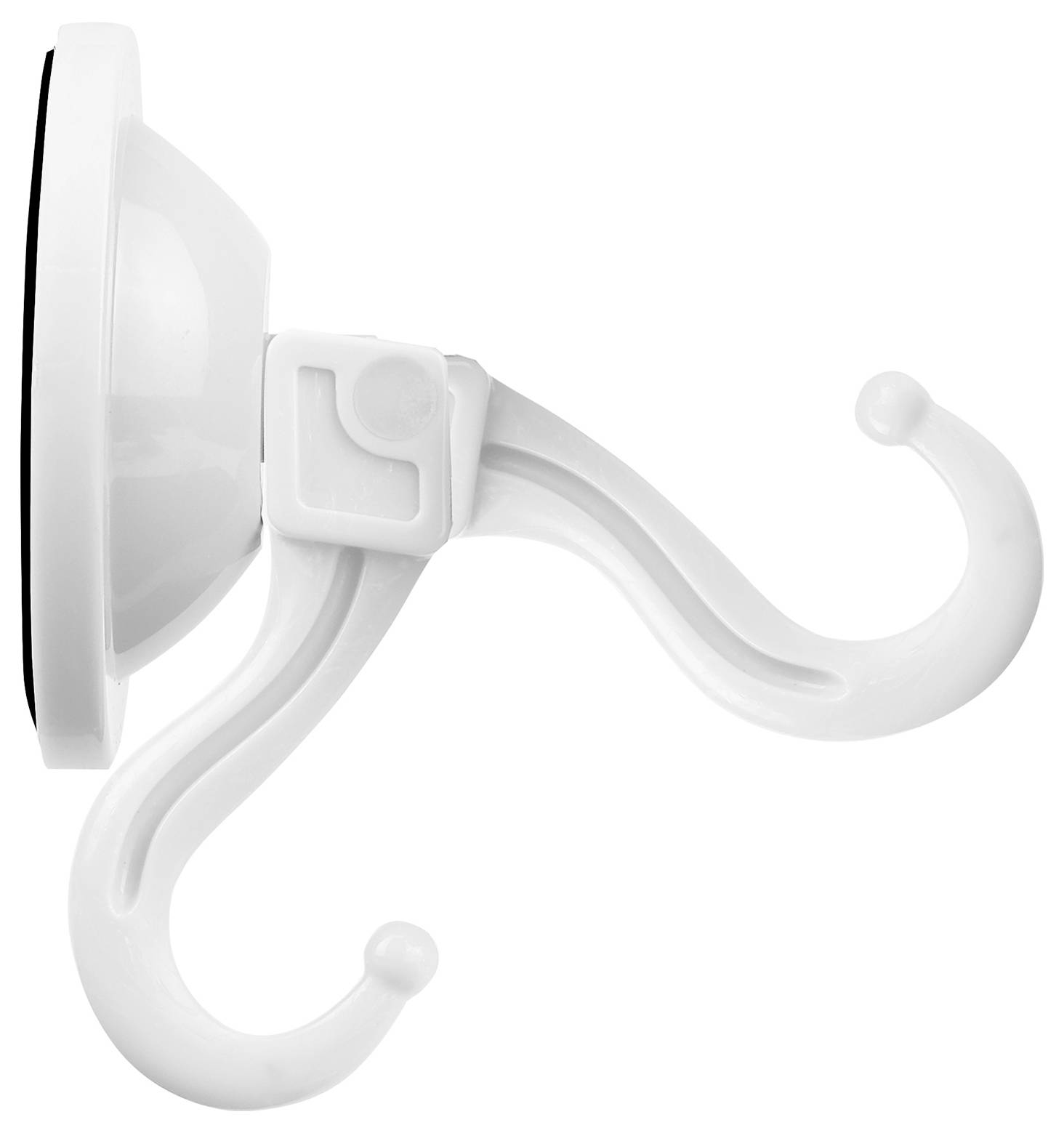 Witte kunststof haak met twee haakarmen, bevestigd aan een ronde zuignap, gefotografeerd van opzij.