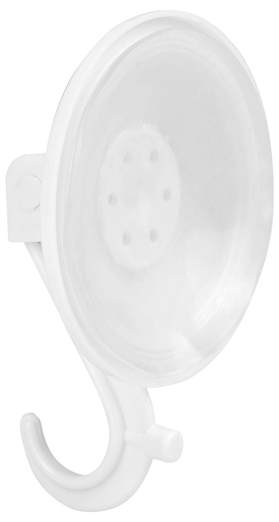 Een witte haak met een grote transparante zuignap als basis voor wandbevestiging. Ideaal voor het ophangen van lichte voorwerpen.