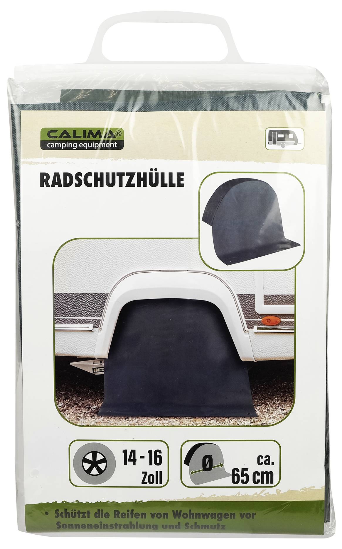 Verpakking voor wielafdekking. Afbeelding van een caravan met een zwarte afdekking over een wiel. Tekst: '14-16 inch', 'ca. 65 cm'.