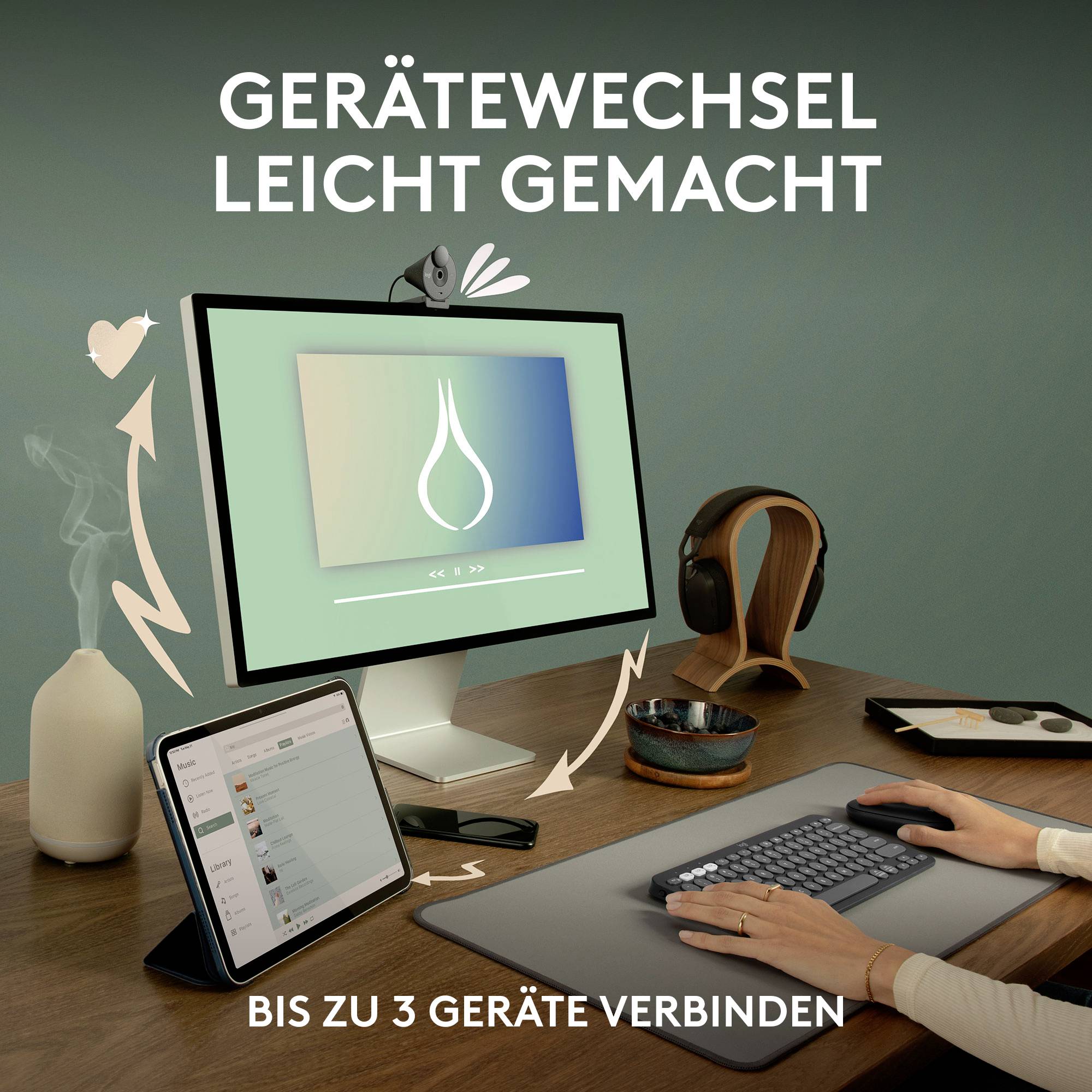 'Apparaatwisseling makkelijk gemaakt' toont naadloze verbinding van meerdere apparaten op één bureau, ondersteunt tot 3 apparaten.