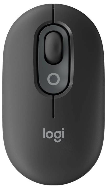 Draadloze, zwarte Logitech-muis met scrollwiel en twee knoppen, compact en ergonomisch ontworpen.