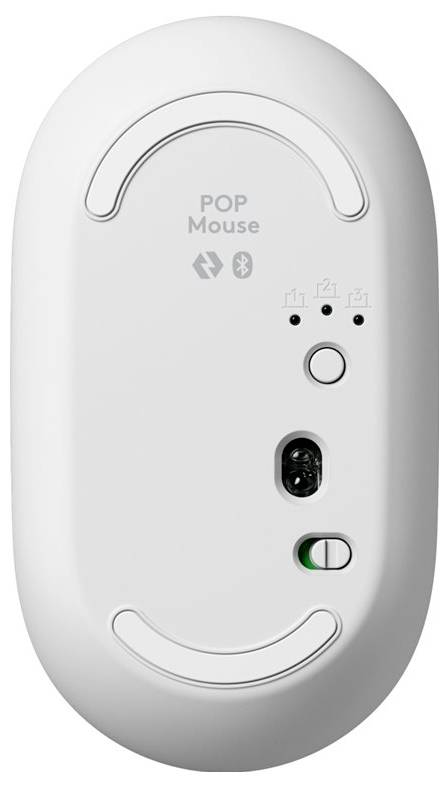 Witte draadloze computermuis met opdruk 'POP Mouse' en Bluetooth-symbool; schakelbare bedieningsknoppen en sensor.