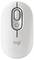 Witte draadloze muis met een strak design en opvallende knoppen, merklogo onderaan zichtbaar.
