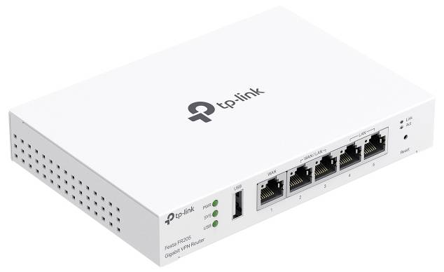 Een witte TP-Link router met vijf Ethernet-poorten en indicatielampjes, gelabeld als 'TL-R605', ontworpen voor gebruik als Omada VPN-router.