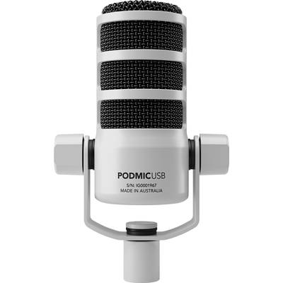 Zilverkleurige USB-microfoon op witte achtergrond. Opschrift: 'PODMIC USB'. Ontwerp met metalen rooster en zwarte behuizing.
