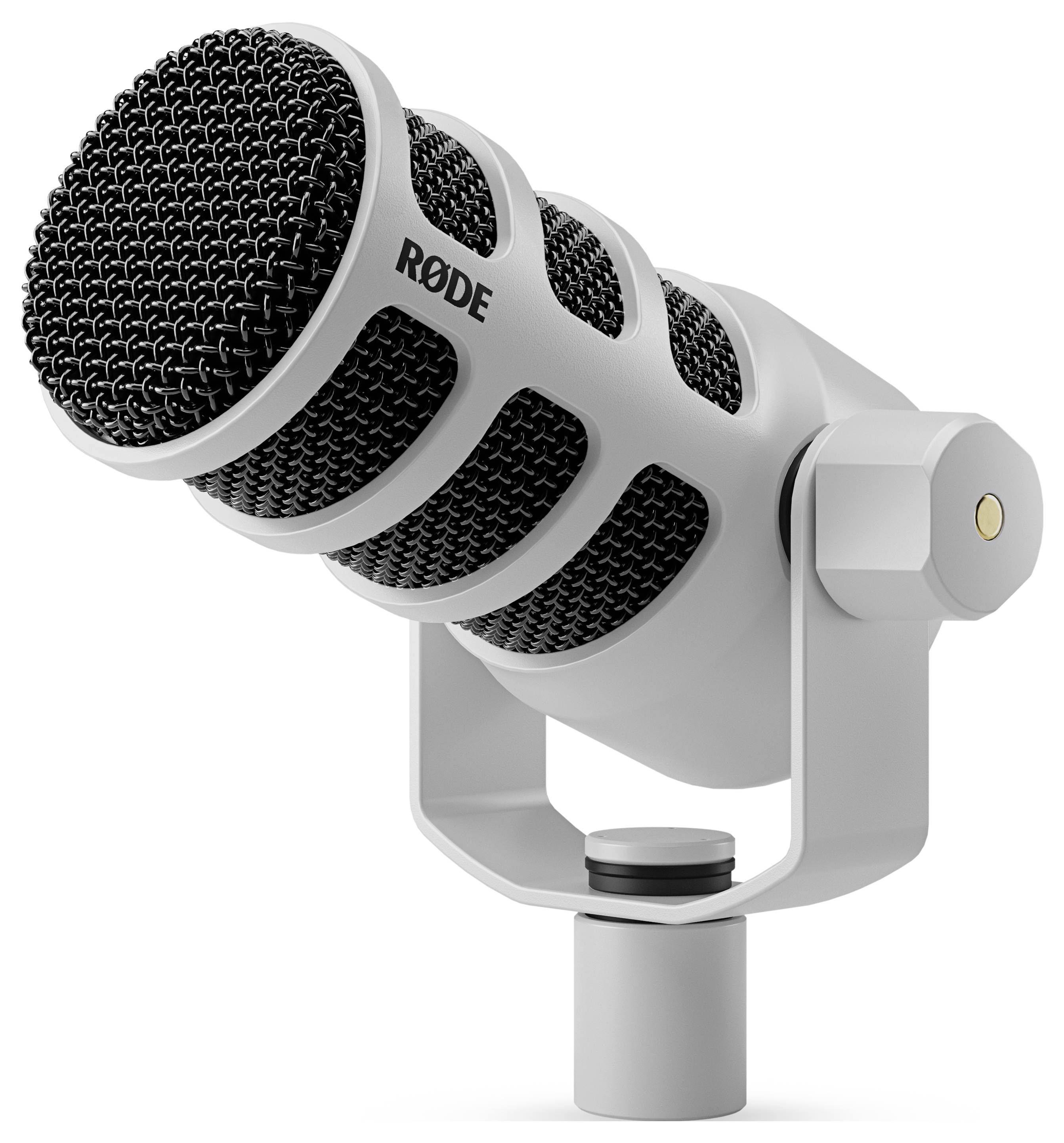 Een zilverkleurige podcast-microfoon met een zwart rooster en RØDE-logo aan de zijkant, geschikt voor geluidsopnames.