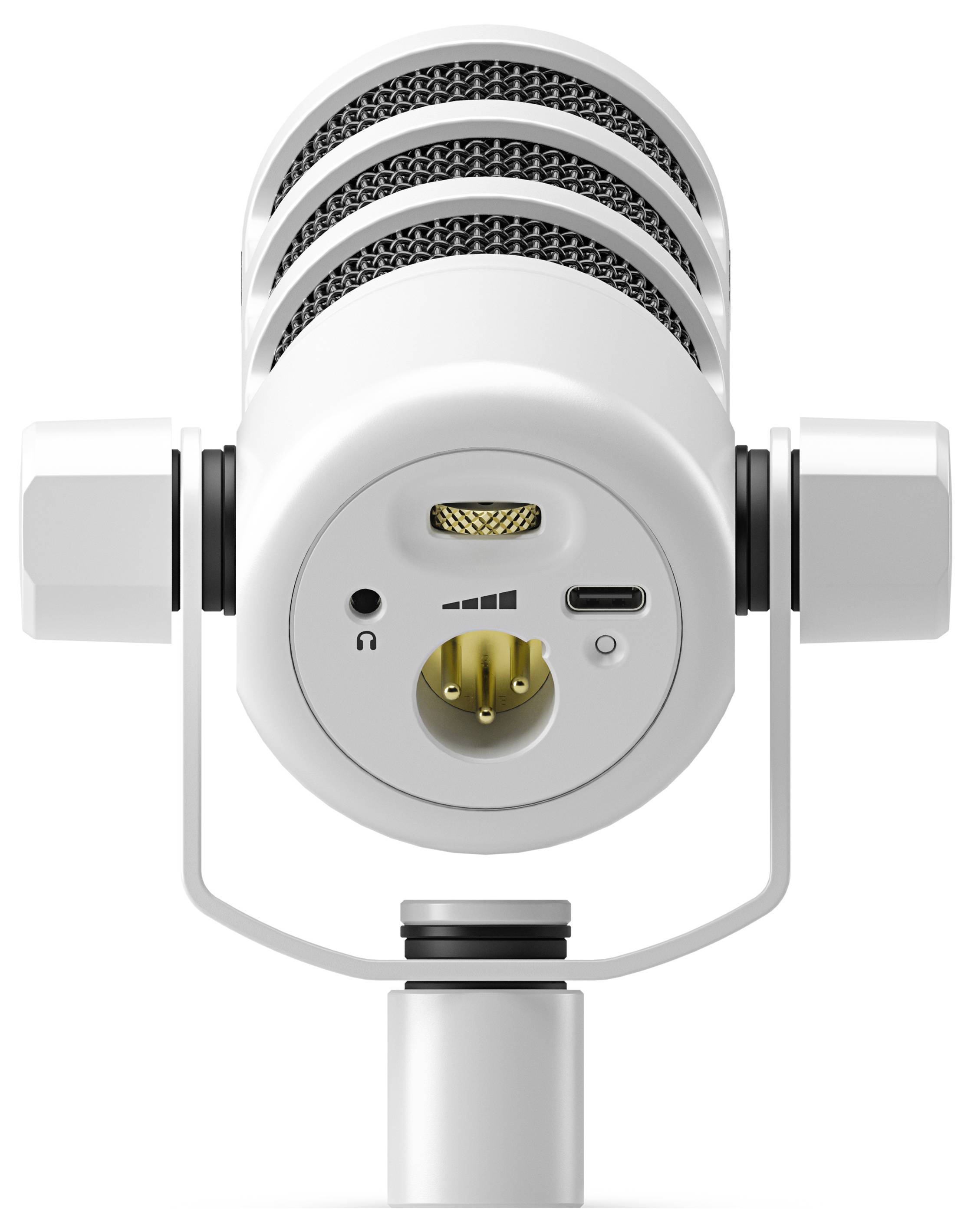 Achteraanzicht van een wit microfoon met aansluitingen, inclusief koptelefoonaansluiting, USB-C, XLR en volumeregelaar.