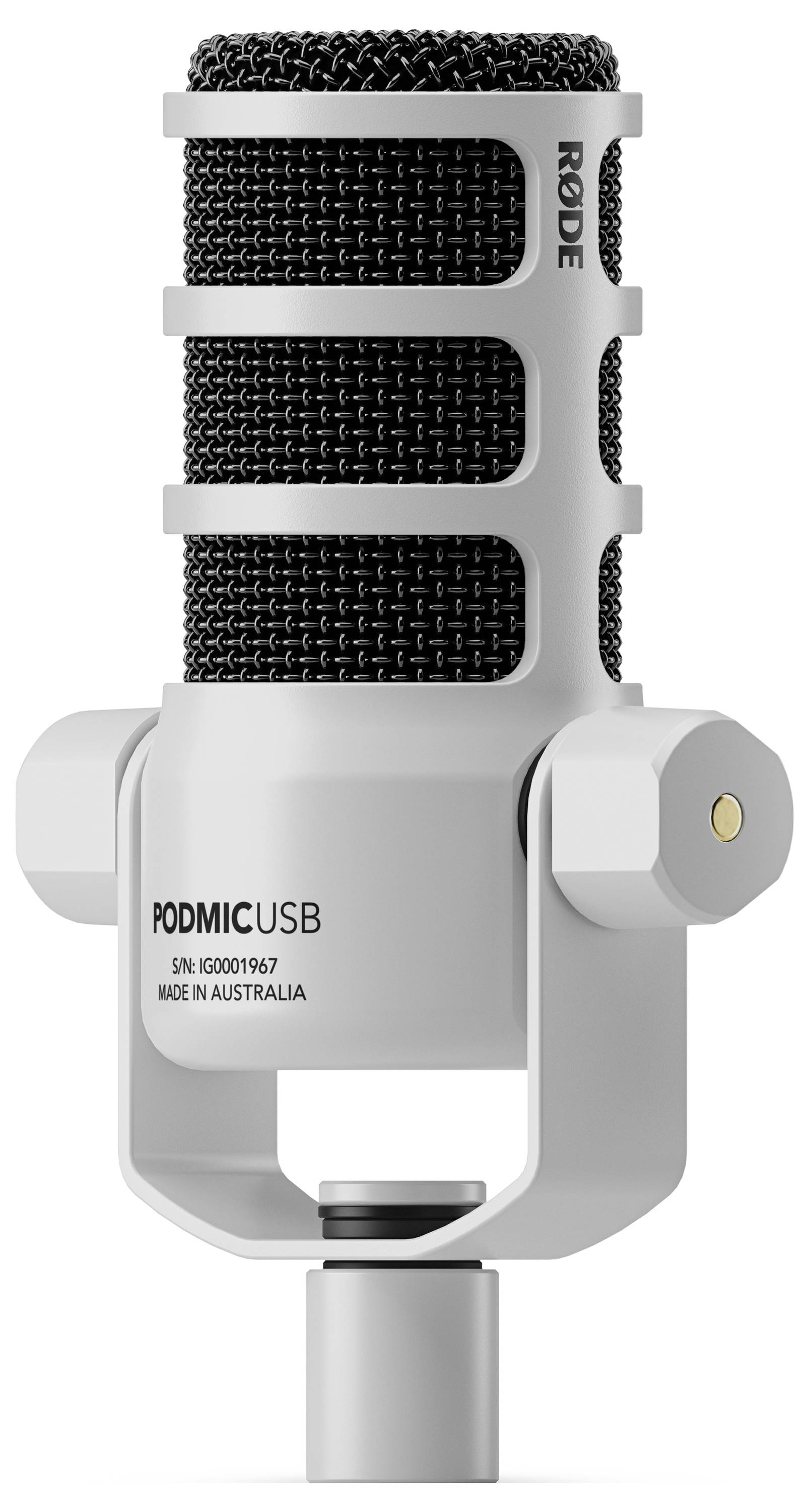 Witte USB-microfoon met zwart rooster en opschrift 'PODMICUSB', gemonteerd op een standaard.