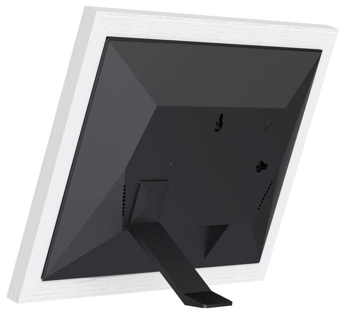 Een digitale fotolijst in een wit behuizing, gezien van achteren, met standaard.