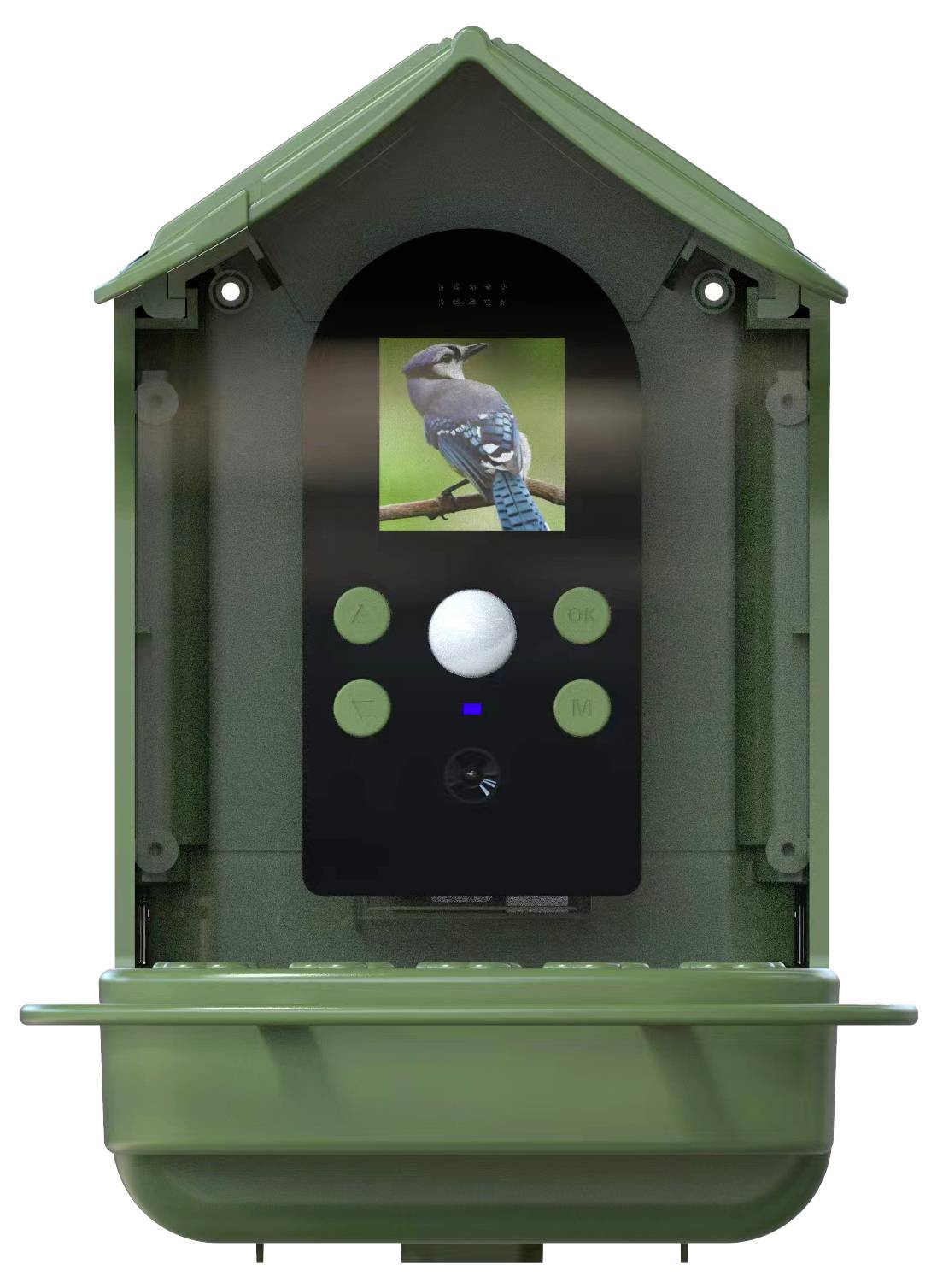 Groen vogelhuisje met camera, toont display met vogelfoto en verschillende functietoetsen. Ideaal voor vogelobservatie in de tuin.