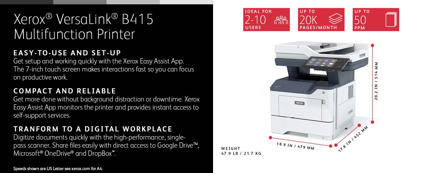 Printer Xerox VersaLink B415. Gebruiksvriendelijk, compact en netwerk-compatibel, verwerkt tot 50 pagina's per minuut. Ondersteunt cloudservices.