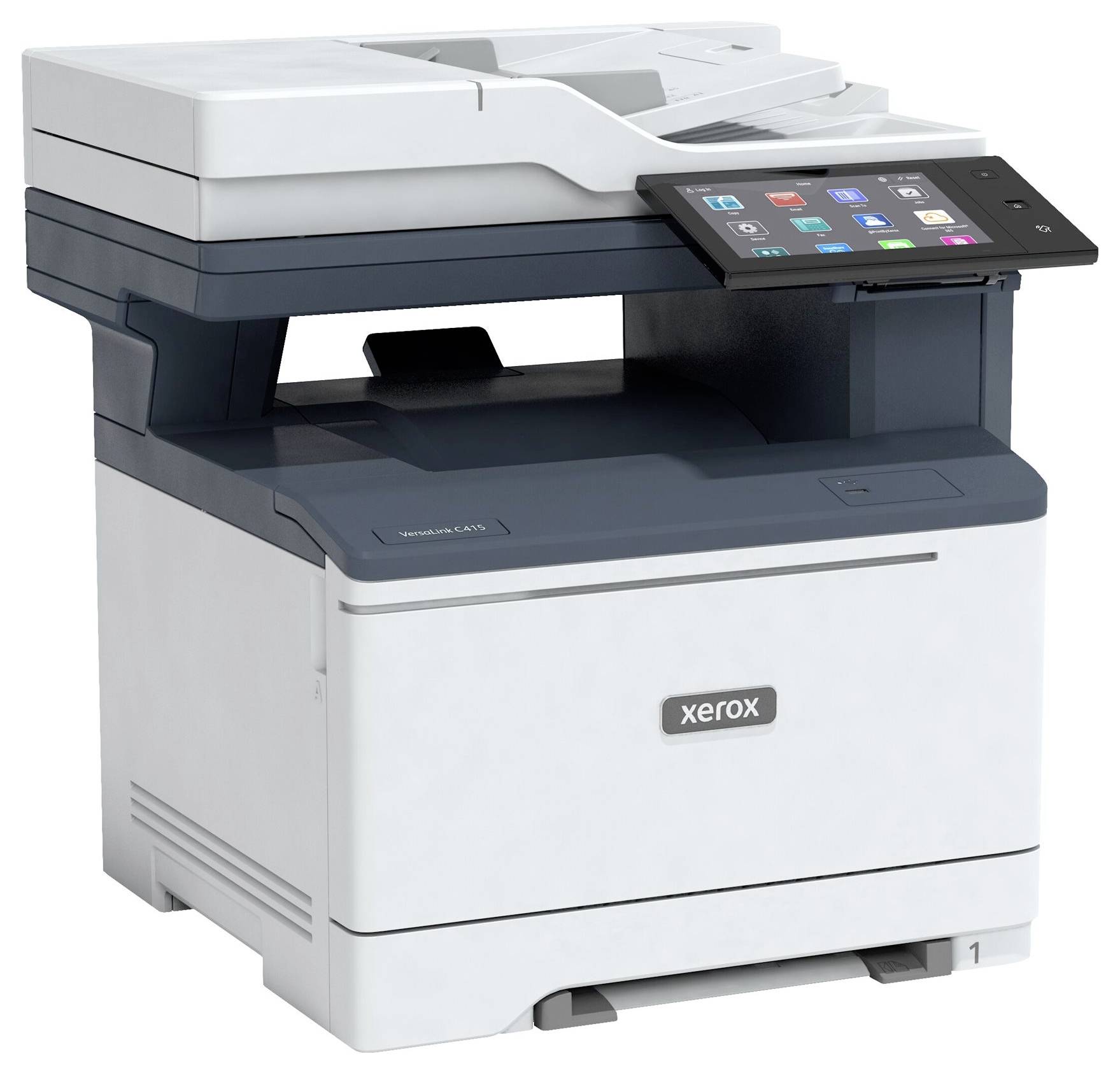 Een witte en grijze multifunctionele printer met een digitaal bedieningspaneel, geschikt voor kopiëren, scannen en printen.