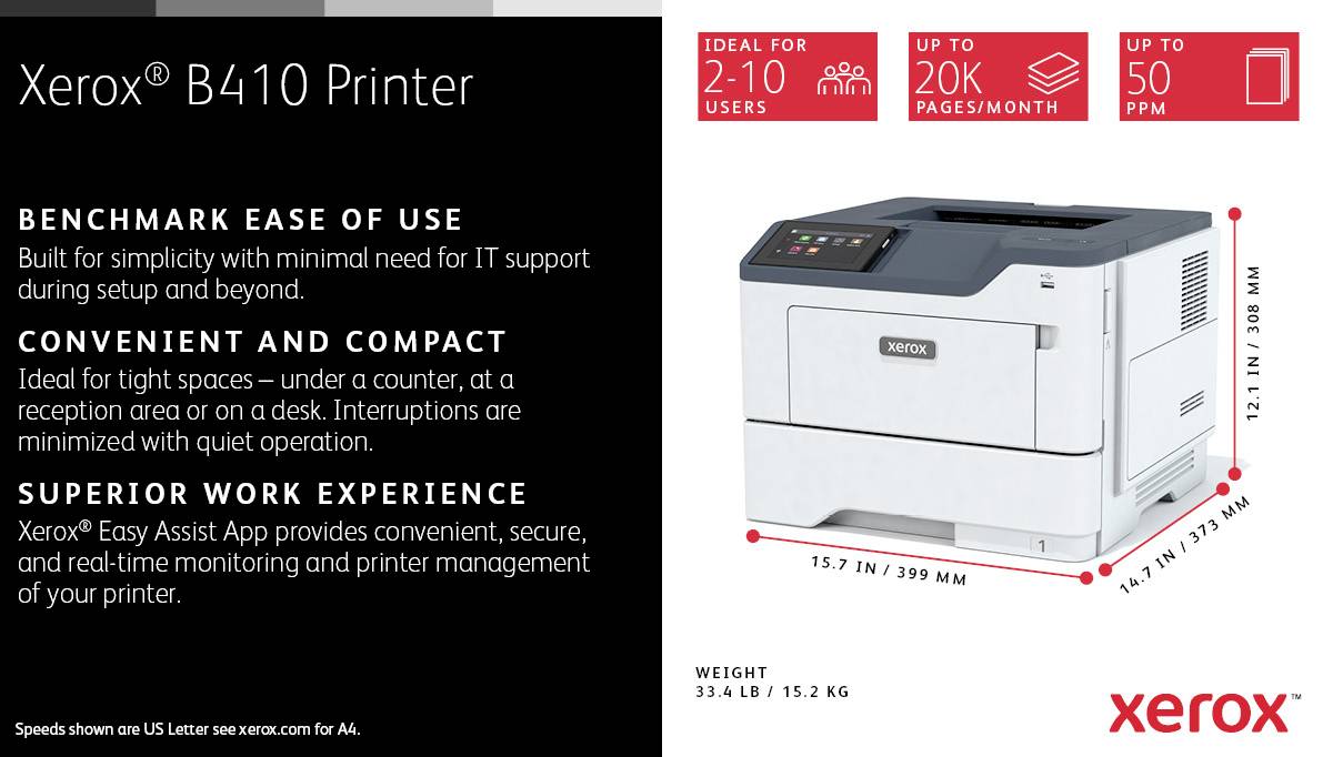 'Middelgrote printer op zwarte achtergrond met tekst over gebruiksvriendelijkheid en compact ontwerp. Aanbevolen voor 2 tot 20 gebruikers.'